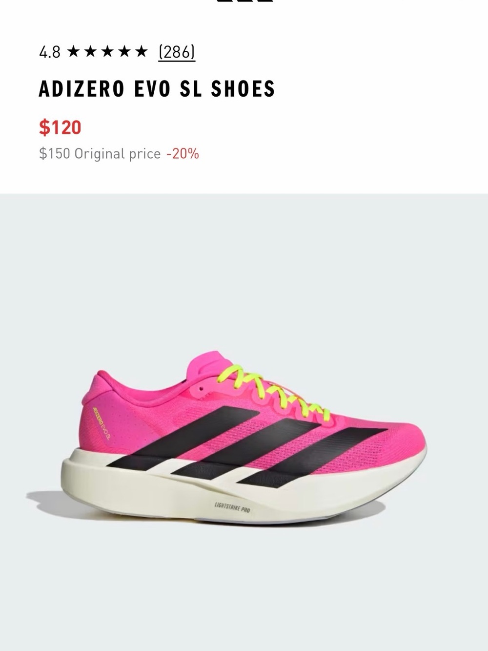 adidas Adizero Evo SL Pink Black Running Shoes